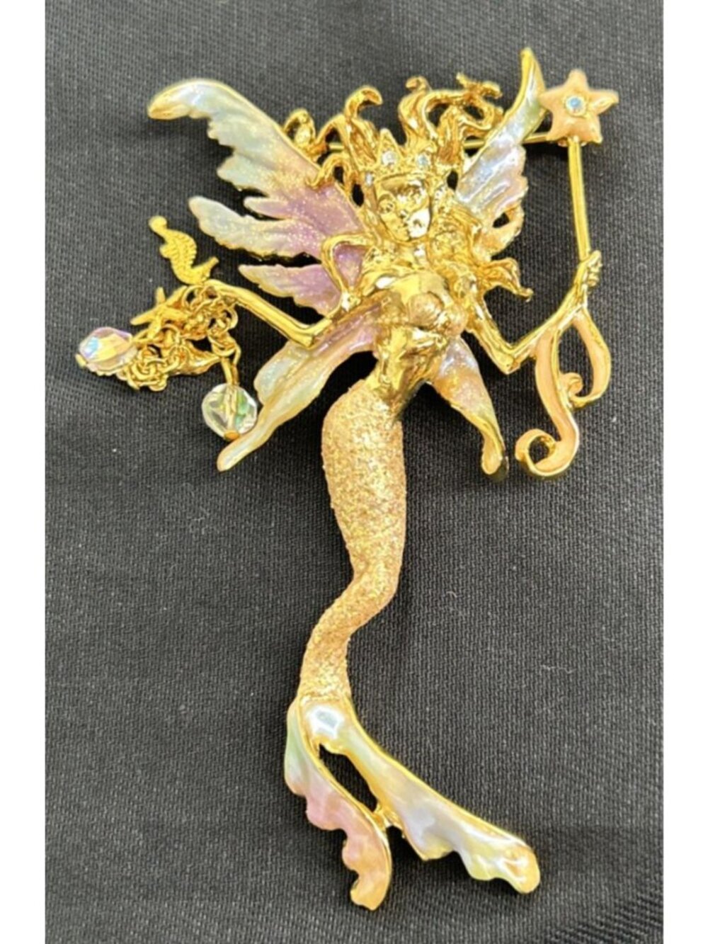 Kirks Folly Sea Fairy Brooch Pin Mermaid Enamel Gold Tone 3.5" Seashells Dolphin